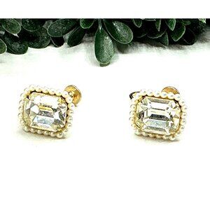 Vintage Screw-Back Earrings with Crystal Rhinestones and Faux Pearl Trim Gold-To